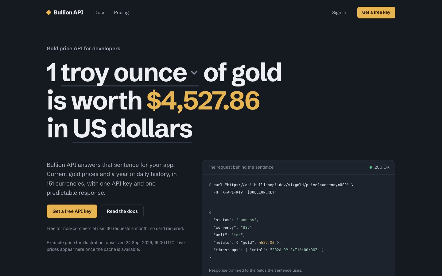 Bullion API homepage showing the price of one troy ounce of gold in US dollars beside the API request behind it