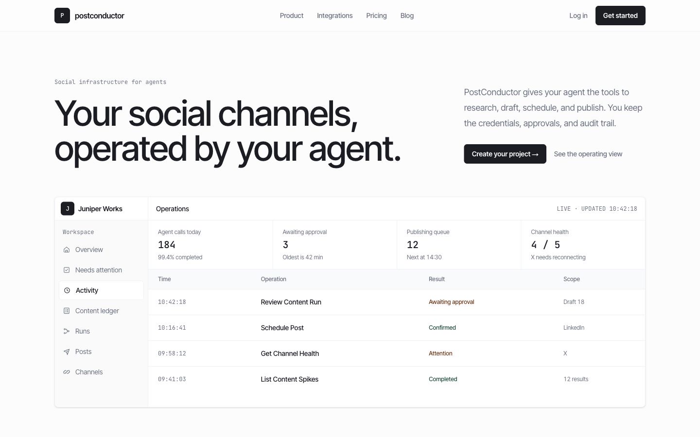 PostConductor homepage introducing its agent-ready social API